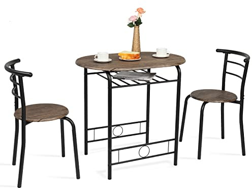 VINGLI 3 Piece Dining Set,Small Kitchen Table Set for 2,Breakfast Table Set for 2,Kitchen Wooden Table and 2 Chairs for Small Space/Dining Room/Apartment,Metal Frame,Wine Rack,Rustic