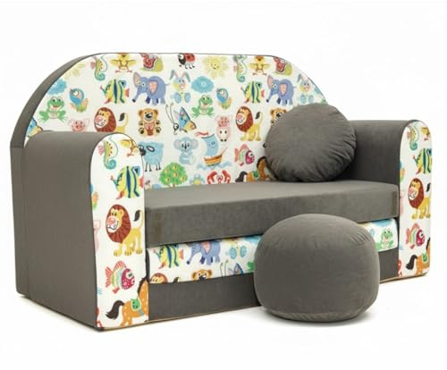All4All Kindersofa Schlafsofa 3in1 Velo Spielsofa für Kinder Sofa zum Aufklappen Funzy Kindercouch mit Schlaffunktion Verschiedene Muster Grau Rosa Grün Tiermuster Bequem (A5 Grau + Tiere)