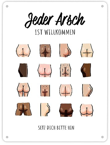 Jeder Arsch ist Willkommen WC Metallschild XL in 21x28 cm Lustiges Blechschild mit verschiedenen Hinterteilen Dekoration für die Toilette WC Klo Dekoschild Ärsche witzig Deko
