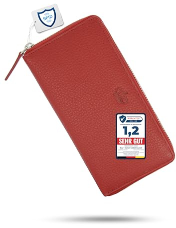Baur Damen Geldbörse Echt Leder Geldtasche | Geldbeutel mit RFID Schutz | Großes Portemonnaie viele Kartenfächer | Wallet mit Rundum-Reißverschluss | Portmonee | Damen-Geldbörsen (Rot)