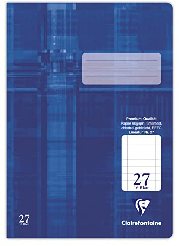 Clairefontaine 331027C - Packung mit 25 Heften, ideal für die Schule, DIN A4, Lineatur 27 durchgehend liniert mit Rand, 16 Blatt, 90g , Blau, 1 Pack