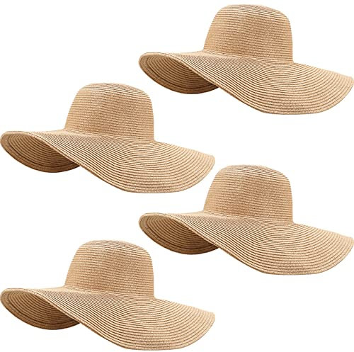 4 Stück Sonnenhüte mit breiter Krempe für Frauen Sommer Strohhut Schlapphut UV-Schutz Faltbare Rollhüte für Strand Outdoor Sport Angeln Khaki, Khaki, Einheitsgröße