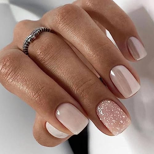 24 Pièces Faux Ongles Court Carrés Français Nude Ongles à Coller Naturel Acrylique Bâton sur Les Ongles avec Autocollants Adhesif Ballerine Artificiel Press on Nails pour Femmes et Filles