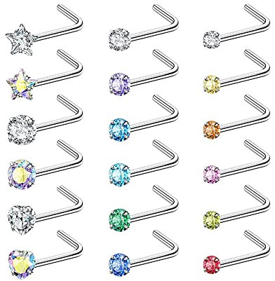 LOLIAS 18 Stück 20G Nasenstecker Damen 316L Chirurgenstahl Nasenpiercing Stecker Nasenring Nostril Bunte CZ Herz Stern L Form Nasen Piercing Schmuck