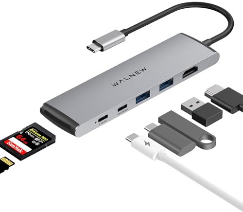 WALNEW 7-in-1 USB C Hub Multiport Adapter, with 4K HDMI, 100W PD, USB- C and 2 USB-A Data Ports 5Gbps, SD/TF Card Slot for Mac, MacBook Pro Air, Thinkpad, Chromebook, Dell XPS laptops