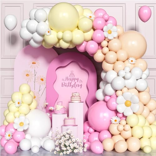 Kit Arco Palloncini Rosa Gialli, 135 Pezzi 5 10 18 Pollici Kit Ghirlande Palloncini Margherita, Palloncini Rosa Giallo Bianco Arancione Palloncini Festa Compleanno per Ragazze Baby Shower Decor Festa