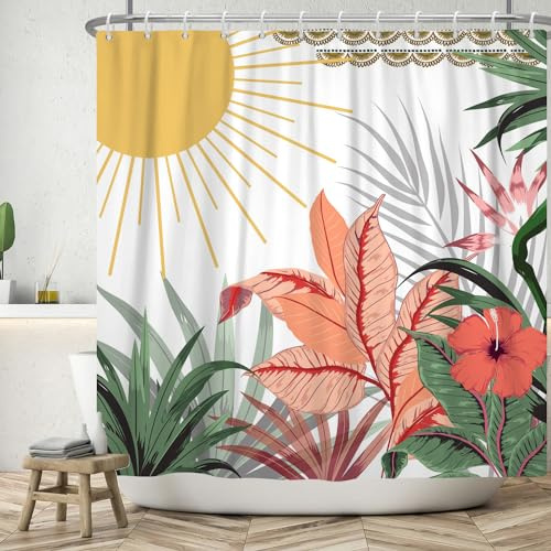 Boho Blätter Duschvorhang 180x200 cm, ASDCXZ Modern Abstrakt Kunst Grün Blätter Sonne Blumen Weiß Bad Waschbar Duschvorhänge Polyester Textil Wasserdicht Badevorhang für Badewanne mit 12 Haken