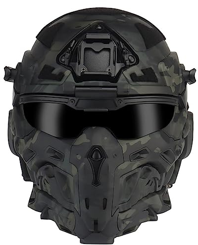 BUCKIT HL-98 Taktischer Helm für Outdoor Airsoft Sport, Militär Taktische Vollgesichtsmaske mit eingebautem Kommunikations-Kopfhörer, Anti-Beschlag-Fans, aufklappbares Visier für CS Spiel Paintball