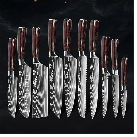 FBITE Couteaux de cuisine 7CR17 440C en acier inoxydable, motif damas Laser japonais Santoku couperet couteau de Chef utilitaire à trancher