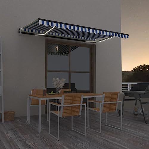 Tenda Automatica, Tende Sole Balcone Tenda Da Sole Per Balcone Tende Da Sole A Vela Cappottina Da Esterno Adatto per Porta Esterna Esterno Giardino con Sensore Vento e LED 450x300 cm Blu Bianca