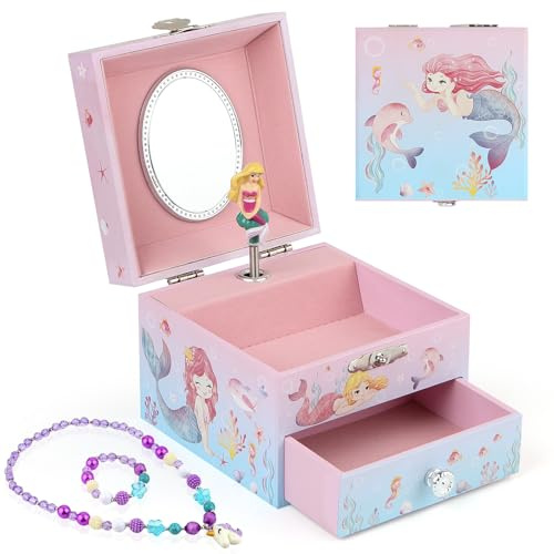 Anyiner Boîte à bijoux musicale pour filles – Boîte à bijoux pour enfants avec sirène tournante et tiroir, cadeau licorne, cadeau d'anniversaire pour enfants, sirène mignonne