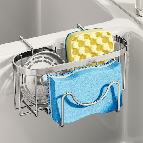 SWTYMIKI Sponge Holder for Kitchen Sink - Movable Kitchen Caddy with M-Shaped Hook, Stainless Steel Hanging Sponge Caddy for Dish Sponge, Brush, Sink Stopper Organizer in Double Bowl Basin