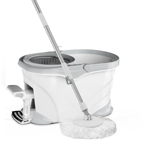 JUNYFFF Balai À Franges Et Seau Essoreur À Pédale, Balai Serpillère Rotatif À 360° avec Manche Téléscopique A 2 Tampons Microfibre, Seau Essoreur INOX À Pédale Et Balai À Franges pour Sols,Blanc