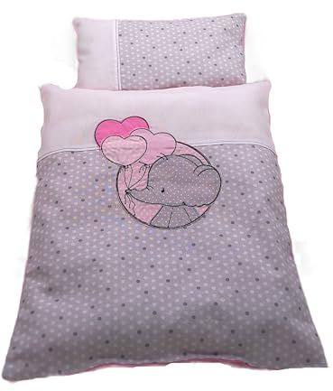 Puppenbettwäsche, 2tlg. gesticktem Elefantenkind Lotta mit Herzen Ballons Decke 40h x 32b, Kissen 16h x 26
