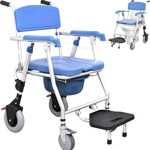 GNbow Silla de Ducha con Ruedas, Silla de Ducha con Inodoro Móvil con Ruedas Multifunción, Silla de Transporte de Ducha con Asiento Acolchado, Silla para WC y Ducha