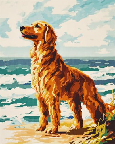 AYAOYANGGO 11CT Kreuzstich Set Stickset „Golden Retriever Am Strand“，Kreuzstichset Mit Hunden Und Tieren Für Erwachsene，Mit Nadeln，Schereneinfädler，Vordruck Für Die Wanddekoration Zu Hause 40x50cm