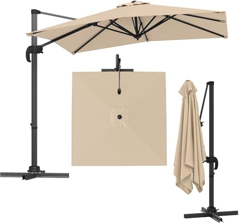 GYMAX Ombrellone da Balcone, 2,5x2,5 M, Ombrellone Decentrato, con Base a X, Parasole Inclinabile da Giardino e Terrazzo, Rotazione a 360° e 5 Inclinazioni Regolabili (Beige)