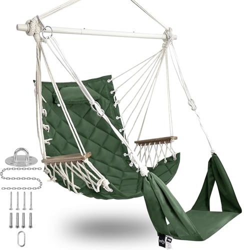 SUNWAY Hängematten-Schaukelstuhl mit verstellbarer Fußstütze und Kopfstütze, gesteppter Stoff und Stahl-Spreizstange, 159 kg Kapazität, Armlehnen aus Holz für Veranda/Garten, 159 kg Kapazität