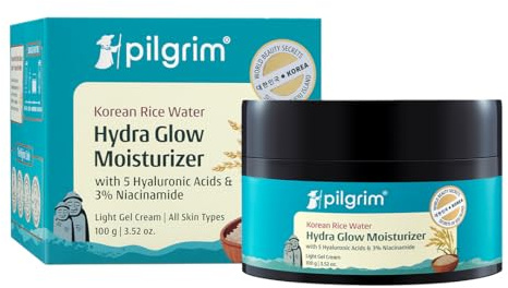 Pilgrim Korean Rice Water Hydra Glow Moisturizer 100Gm with 5 Hyaluronic Acids, 3% Niacinamide, 5 Ceramides | 5x Hydration & Instant Glass Skin | Oil-Free, Lightweight Gel | All SkinTypes | Women,Men