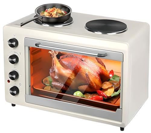 Mini Four à comptoir électrique avec Gril et Double Plaque à Chaud, 360 ° Même Cuisson, Temps et minuterie réglables 80-230 ° C, arrêt Automatique pour Hot Pot et grillades