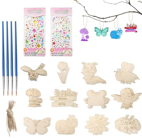 HENGBIRD 36 stycken trähängen pysselset barn träfigurer pyssel barnfödelsedag för målning och upphängning gör-det-själv fjäril och blommor, pyssel med akvarellpenna, strass