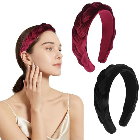 Samt Geflochtener Haarband, 2 Stück Trachten Haarreif Breit Vintage Samt Haarreif, Stirnband Haarschmuck für Fasching Karneval Oktoberfest Weihnachten(Schwarz + Burgunderrot)