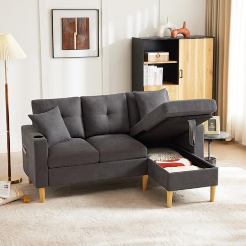 Lcoho L-förmiges modernes Sofa, 3-Sitzer-Sofa mit Chaiselongue, Stauraum, integriertem Getränkehalter, Wird mit 2 Kissen geliefert, geeignet für Wohnzimmer, Büro, Wohnung usw. (Dark Gray)