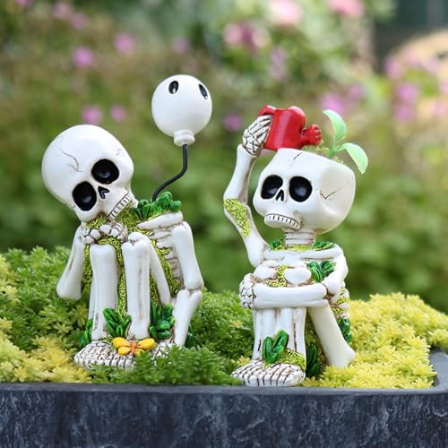Estatua de jardín de esqueleto de Halloween al aire libre, decoración de Halloween, paquete de 2 decoraciones góticas de plantas de esqueleto para macetas, bonita figura de fantasma, escultura de