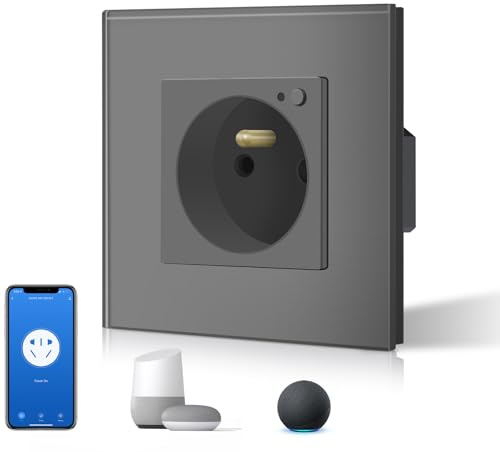 BSEED Prise Connectée Programmable, Prise Electrique Intelligente Compatible avec Alexa/Google Home/Tuya APP, Prises de courant Wifi 16 Amp 240V 86 * 86mm Gris (Ligne Neutre Requise)