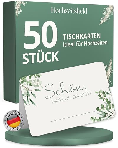 HOCHZEITSHELD Tischkarten Hochzeit 50 Stück, Platzkarten & Namensschilder | Blanko Tischkärtchen & Namenskarten für die Sitzordnung: 50 Platzkärtchen im Eukalyptus-Design, ideal als Tischdeko für Gäste