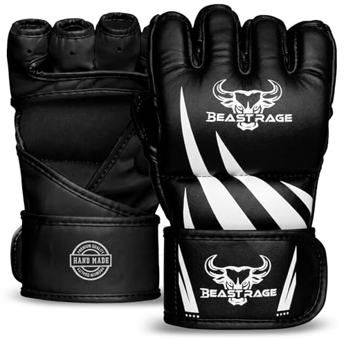 BEAST RAGE Gants de MMA qualité supérieure fabriqués à la Main,Mitaines de Grappling durables à Paume Ouverte pour Le JJB,l'UFC,Le Sparring et Le Kickboxing