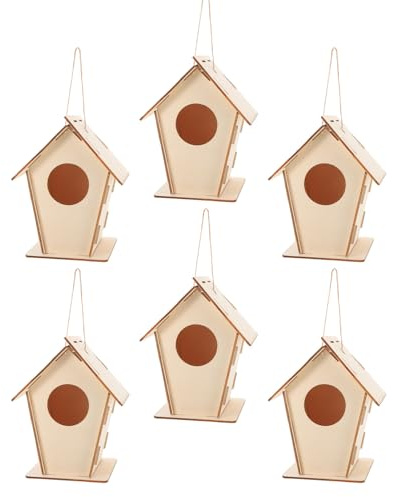 ZUNOXAZ Kit de 6 Casas de Pájaros de Madera sin Pintar Tamaño Pequeño Redondo para Manualidades Infantiles y Decoración de Jardín Pajareras Colgantes Fáciles de Montar para Actividades