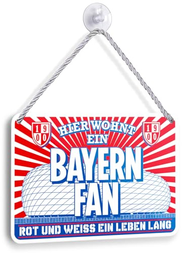 Blechschild Hier wohnt ein Bayern Fan 18x12cm - Fußball Deko Hängeschild - Bayern Fanartikel Wandschild - Geschenk für Fußballfans Rot Weiß (Bayern 1)
