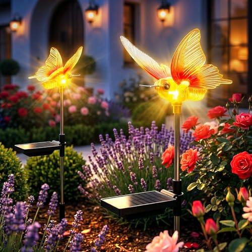 VOGHERB Solarlampen für Außen Garten,2 Stück Solarleuchten für Außen Schmetterling mit Warmweiß LED, IP67 Wasserdicht Solar Blumen Lampe für Balkon Rasen Terrasse Hof Garten Deko Geschenke für Frauen