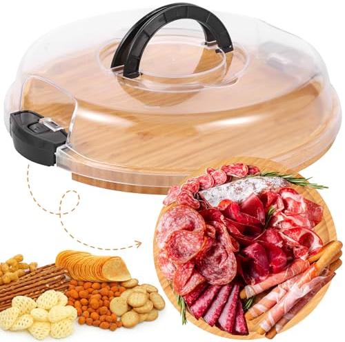 SUPPUIMNT Käsebrett, Servierplatte Aus Holz Mit Deckel Bedeckte Obstplatte Serviertablett Rundes Wurstbrett mit Deckel Großes Fassungsvermögen Geteiltes Design für Party Picknick Camping(1 Quadrat)