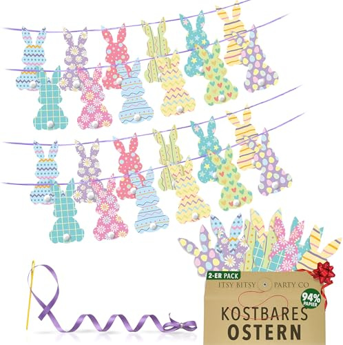 Premium Wiederverwendbare Osterdeko - Osterhase Deko - Osterdeko zum Aufhängen, Frühlingsdeko Innen - Ostergirlande mit 24 doppelseitigen Papier hasen mit Pompon Schwänzchen