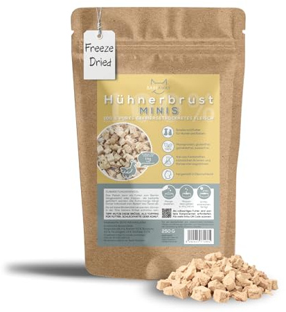 BARFAWAY Gefriergetrocknete Hühnerbrust Minis, 100% Pures Muskelfleisch, Snack für Hunde und Katzen, Leckerlies, Getreidefrei, Zuckerfrei, Ohne Zusätze, 250g