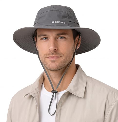 TOP-EX Waterproof Boonie Sun Hat, UPF 50+, Wide Brim, Packable | Waterproof, packable wide-brim boonie with removable chin strap – for hiking, fishing, camping, travel and gardening.