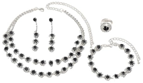 BKEPDY 4 Pezzi Parure Gioielli Sposa Donna Strass Collana con Ciondolo Strass con Ciondolo Orecchini Anello Prom Accessori Gioielli Set（Nero）