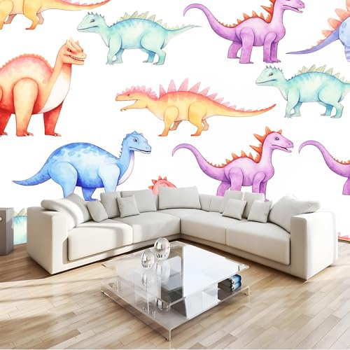 Fotomural Papel Pintado 3D Acuarela Dinosaurio Lindo Textura Patrón – Vistoso Papel Tapiz Decorativo Moderno para Pared, Mural de Pared para 200 x 140 cm, Decoración del Hogar