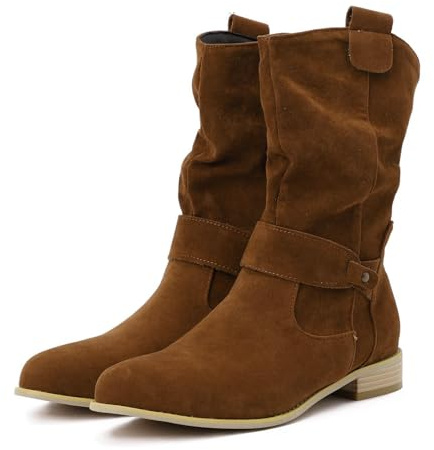 Genérico Botines Elegantes para Mujeres Medias Botas Puntiagudas de Ponerse Zapatos de Invierno con Hebilla Tacones Bloques Mediados Altos y Cortos