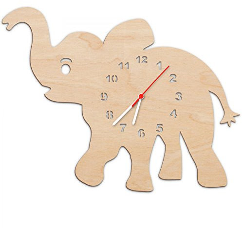 GRAVURZEILE Kinder Wanduhr aus Holz im Baby-Elefanten Design für Mädchen & Jungen Kein Ticken Lautloses Uhrwerk 30 cm Groß in 5 Farben erhältlich Made in Germany Farbe Natur