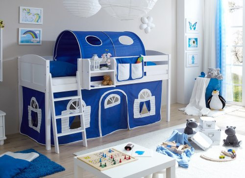 Hochbett Spielbett Eric Landhaus Kiefer massiv Weiss, Vorhangstoff:Blau Weiss