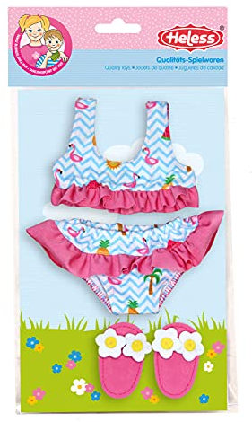 Heless 199 - Schwimm-Set für Puppen, 3 teilig, Bikini mit Badeschläppchen, Flamingo, Größe 28 - 35 cm, für Badespaß an heißen Sommertagen