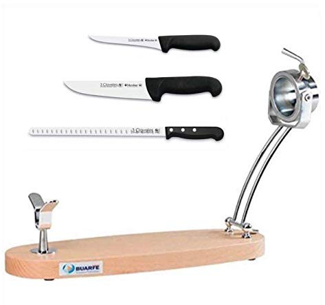 Jamonero Plegable Giratorio Haya Lacado Natural + Set 3 Cuchillos 3 Claveles Corte de Jamón