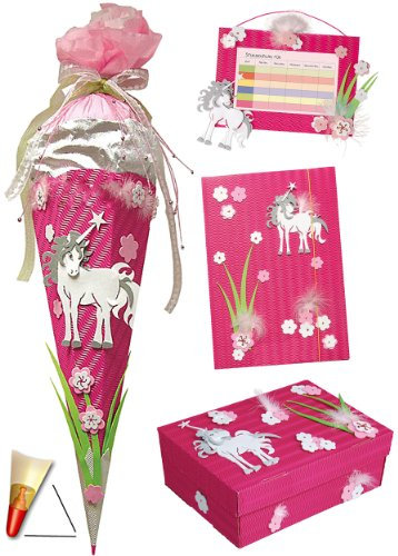 alles-meine.de GmbH komplette Füllung - Circa 200 Teile - für 4 TLG. Set: Bastelset Schultüte - + Schulbox/Kreativbox + Mappe + Stundenplan - Einhorn & Blumen Mädchen - Zuckert