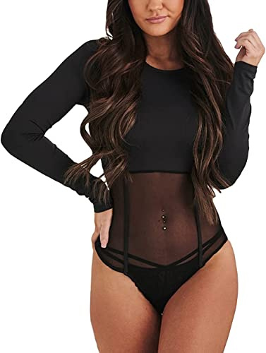 SEBOWEL Sexig genomskinlig nätbody för kvinnor, genomskinlig långärmad trikåtopp, klubb, fest, bodycon-blus, t-shirt, XXL