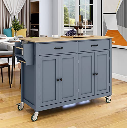 Cuisine Kitchen Cart with Wood Top Utility Breakfast Bar Mobile Service Cart Rolling Kitchen Trolley with 2-Door Storage Cabinet, 3 Drawers, Towel and Spice Rack (Blue)