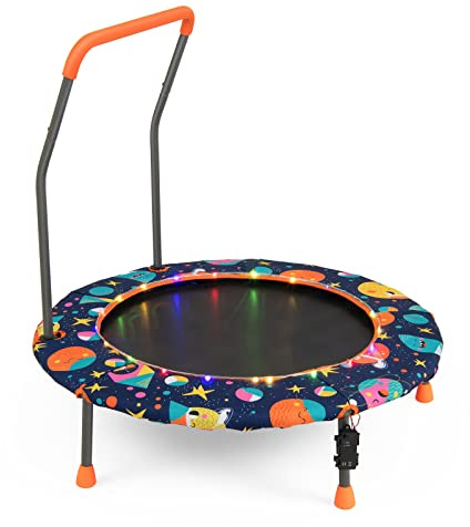COSTWAY Trampolino per Bambini da Interno ed Esterno, Tappeto Elasctico Bambini 3-6 Anni in Acciaio con Maniglia Rimovibile, Luci LED, Cuscinetti Antiscivolo e Copertura Protettiva
