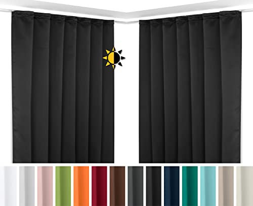 BEAUTEX 2er Set Kräuselband Verdunkelungsvorhang mit U-Band, Gardinen abdunkelnd und Blickdicht (B=140 cm, H=245 cm, Schwarz)
